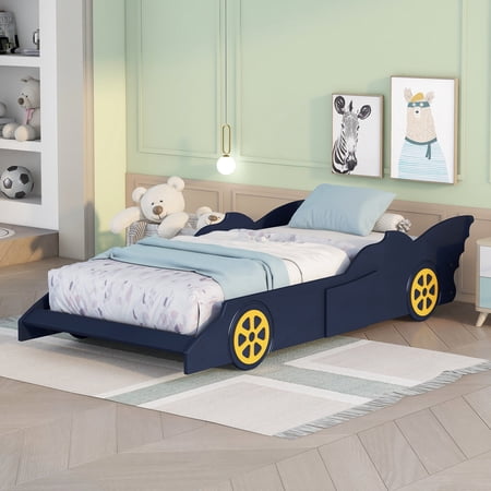 Euroco Wood Race Car-Shaped Twin Size Platform Bed for Kids’ Bedroom  Blue & Yellow