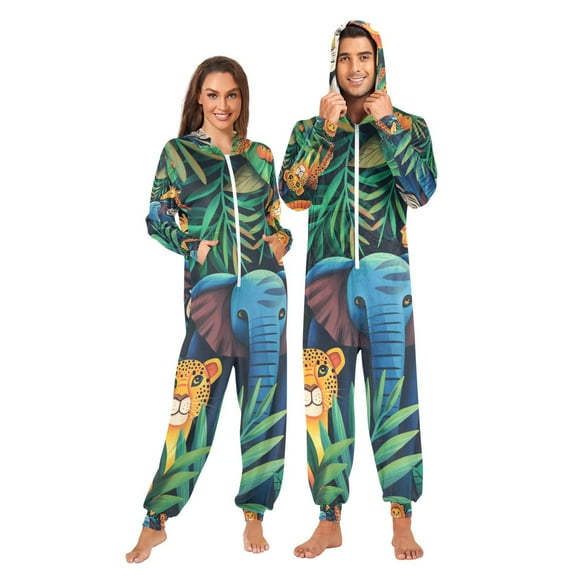 Jungle Animals Adult Onesie Pajamas Slim Fit Christmas One Piece Suit Pjs for Women and Men Hooded Zipper