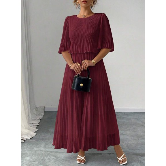 Burgundy Solid Chiffon Pleated Maxi Dress With Flared Cap Sleeves For Women