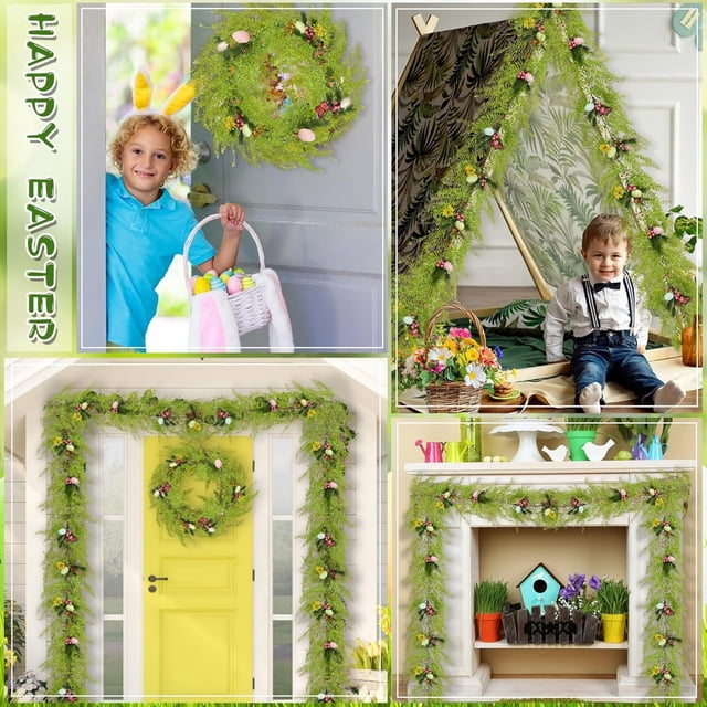 Couronne de Pâques Colorée avec Œufs et Papillons - Couronne en Rotin Floral Printanier pour Décoration de Porte d'Entrée, Mur Ou Table