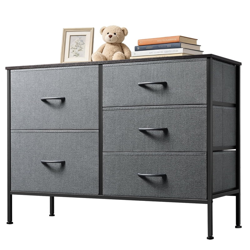Simenmax 5-Drawer Fabric TV Stand, 39.4-Inch Entertainment Center with Wood Top & Sturdy Metal Frame, Storage Dresser for Bedroom, Living Room, Hallway, Gray