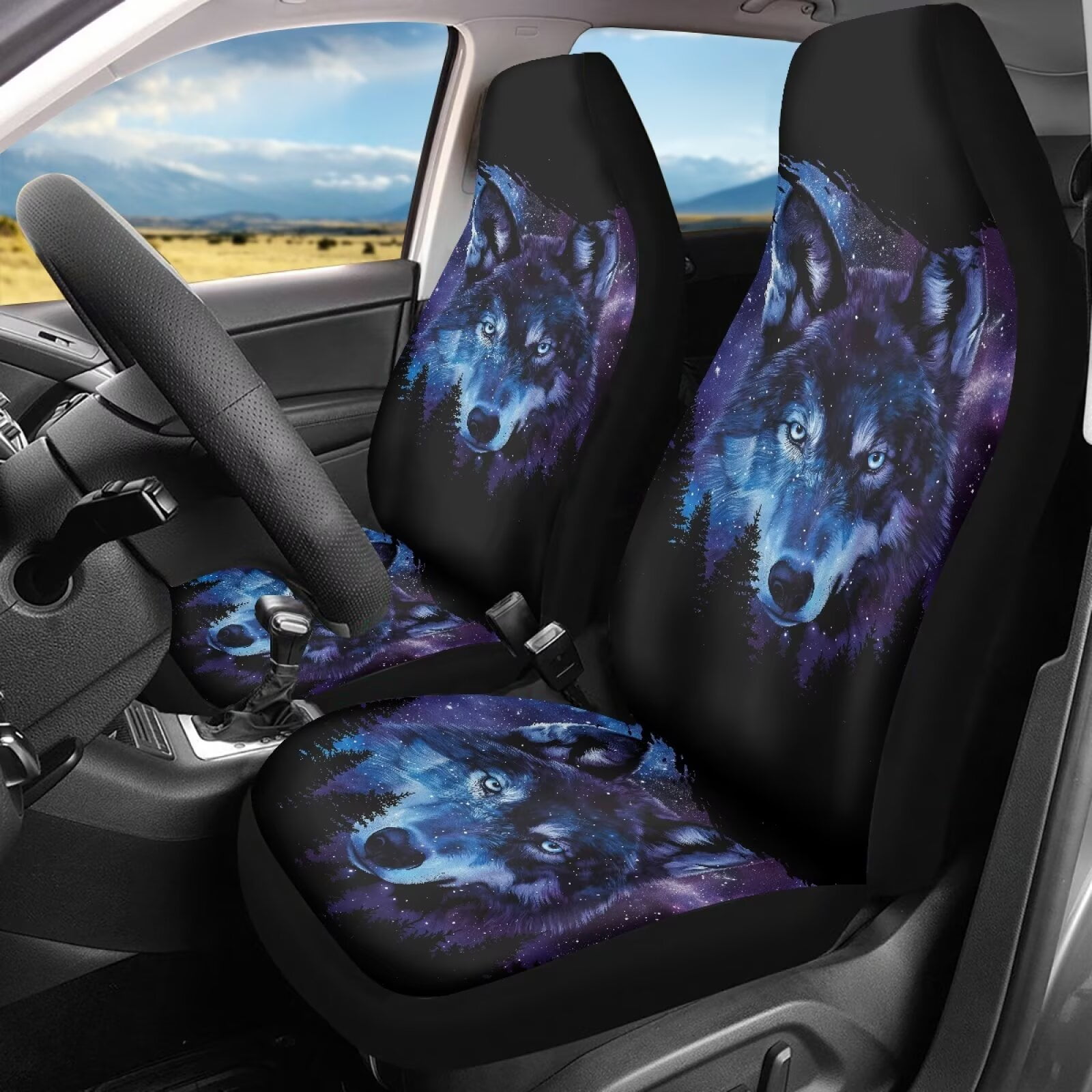 Yuyamidu Wolf Front Seat Covers for Cars Front Seats Only 2 Pack Car Seat Decor Galaxy Auto Seat Cover Sets Auto Accessories for Women Men
