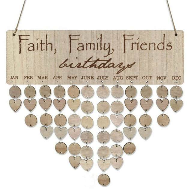 Xihbxyly Calendario de Cumpleaños de Madera, Decoración para Fiestas Diy, Placa de Pared Personalizable, Corazón y Virutas de Madera Redondas, Regalo de Cumpleaños, Boda y Aniversario, Tablero de 40