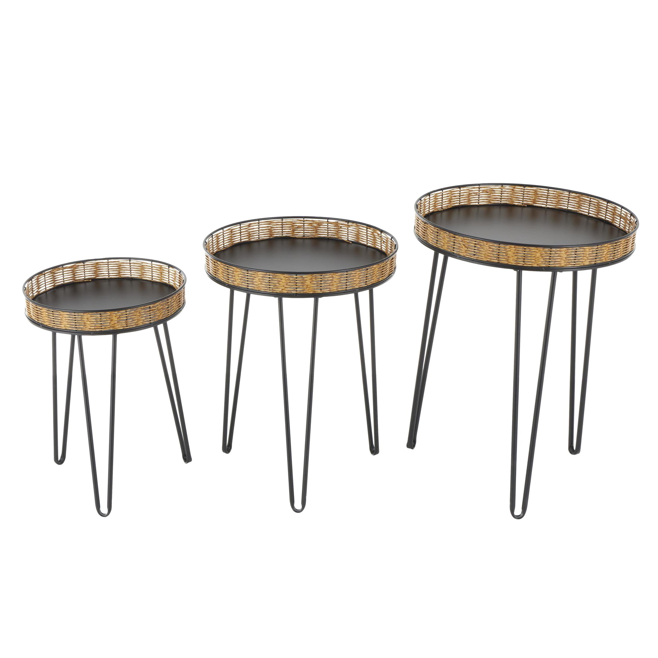 DecMode 18" x 24" Black Metal Handmade Accent Table with Rattan Edges Tabletops, 3-Pieces