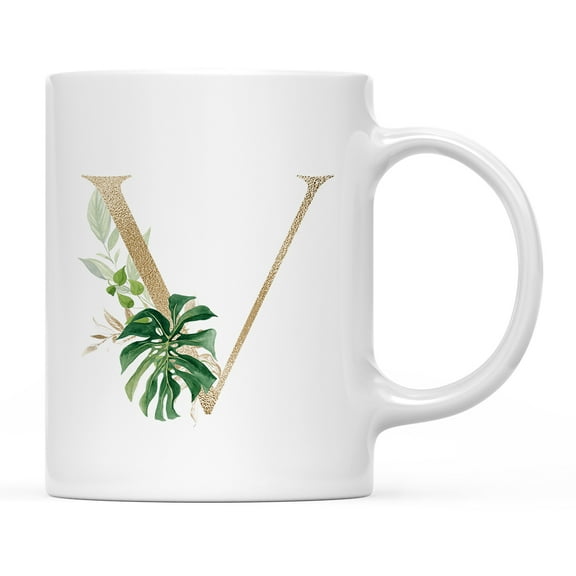 Koyal Wholesale Ceramic Coffee Mug, Exotic Tropical Monogram, Letter V