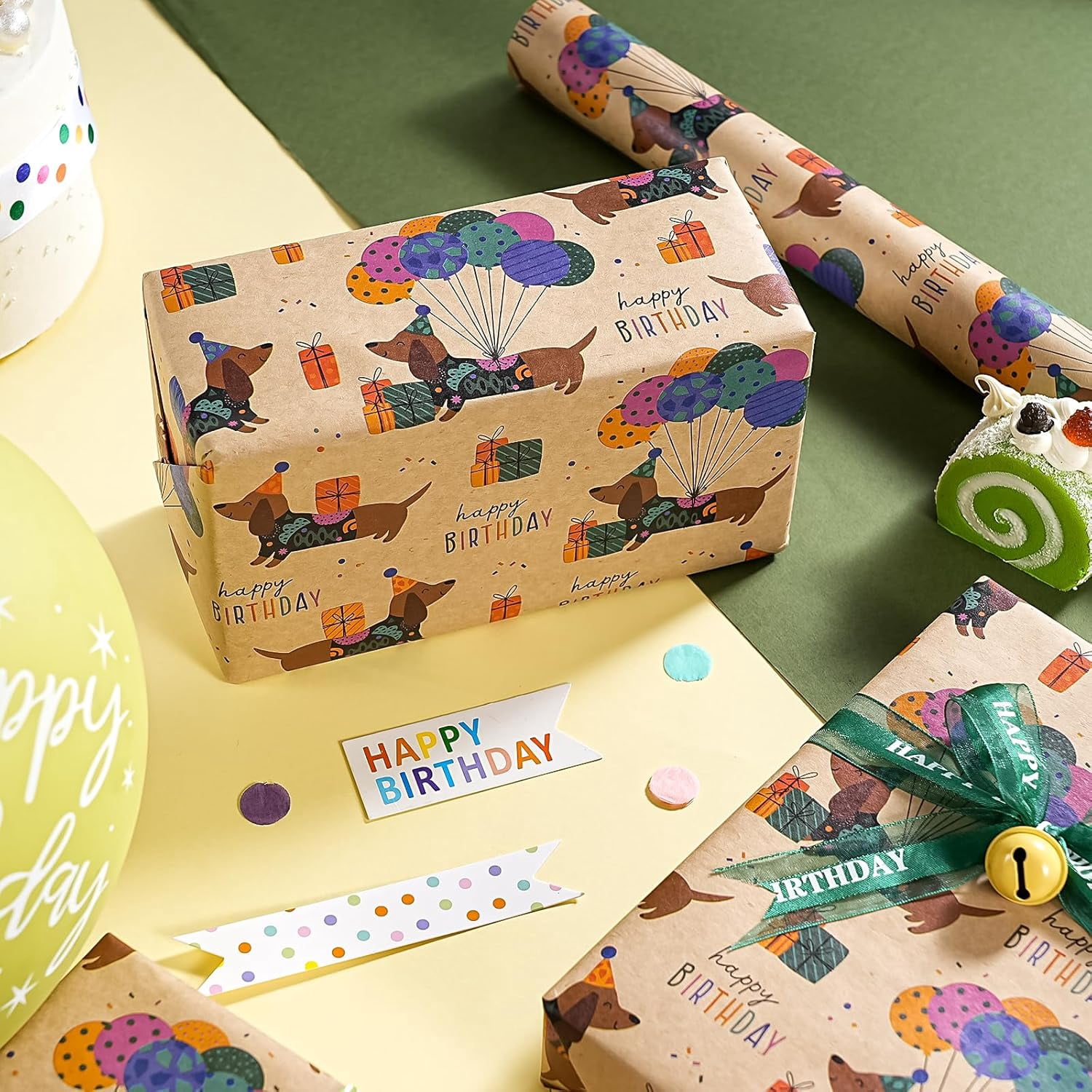 Kraft Dog Birthday Wrapping Paper Roll - Mini Roll - 17 Inch x 16.5 Feet - Dachshund Dog Wrapping Paper Perfect for Kids Boys Girls Birthday, Dogs Lover