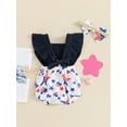 thumbnail image 6 of Aojekbee 4th of July Baby Girls Rompers Heart Stripe Stars Print Bowknot Fly Sleeve Infant Bodysuits Summer Jumpsuits with Headband, 6 of 10