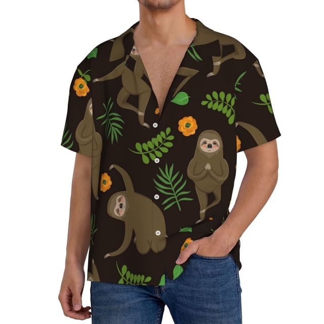 Balery Sloth Doing Yoga Camisa Casual de Manga Corta con Botones para Hombre, Texturizada, Estilo Cubano, para Playa, Verano-Large