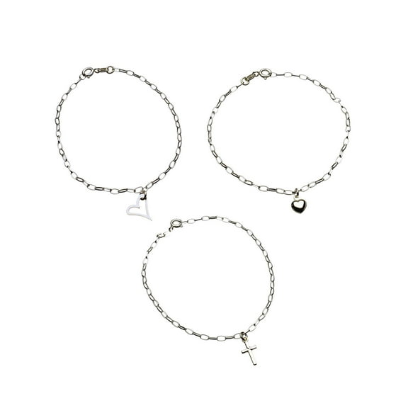Set of 3, Sterling Silver Outline Heart, Puff Heart, Cross Charm Bracelet Anklet Adjustable, 11"