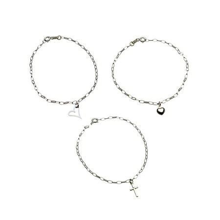 Set of 3, Sterling Silver Outline Heart, Puff Heart, Cross Charm Bracelet Anklet Adjustable, 11"
