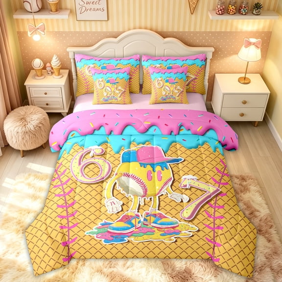 Feelyou Funny Baseball 67 Twin Bedding for Kids, Ice Cream Waffle Drip Bedding Comforter Set, Pink Reversible, 7pcs