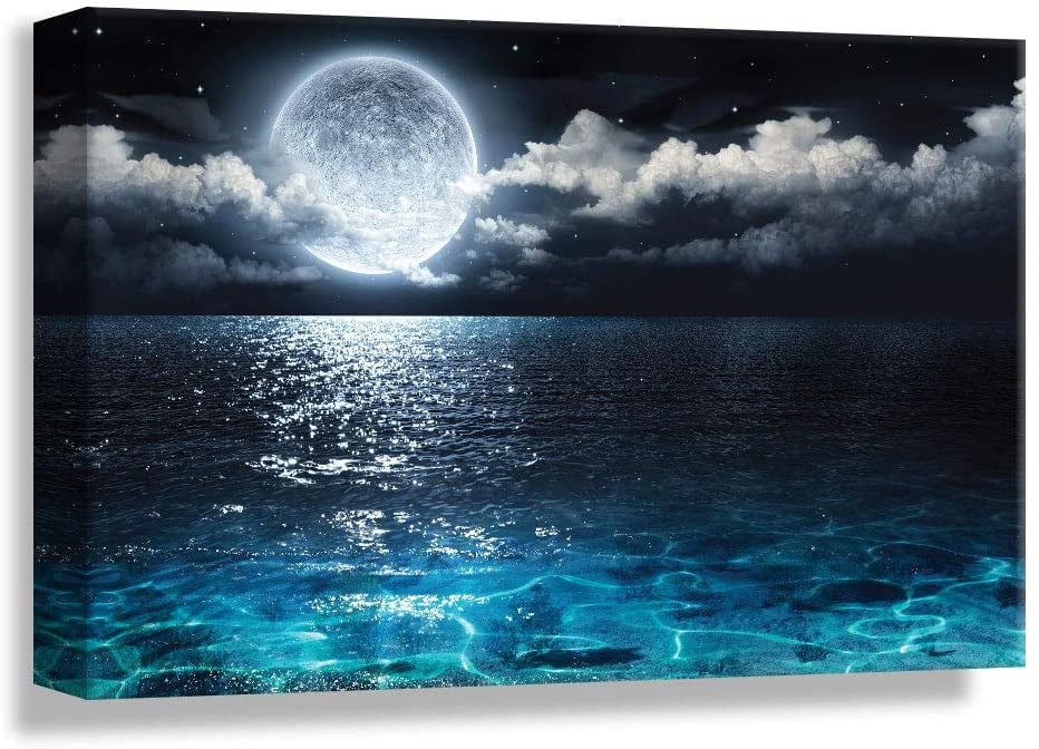 Abstract Blue Moon Night Scene Mountain Lake Canvas Print Painting Wall Art 5PCS 