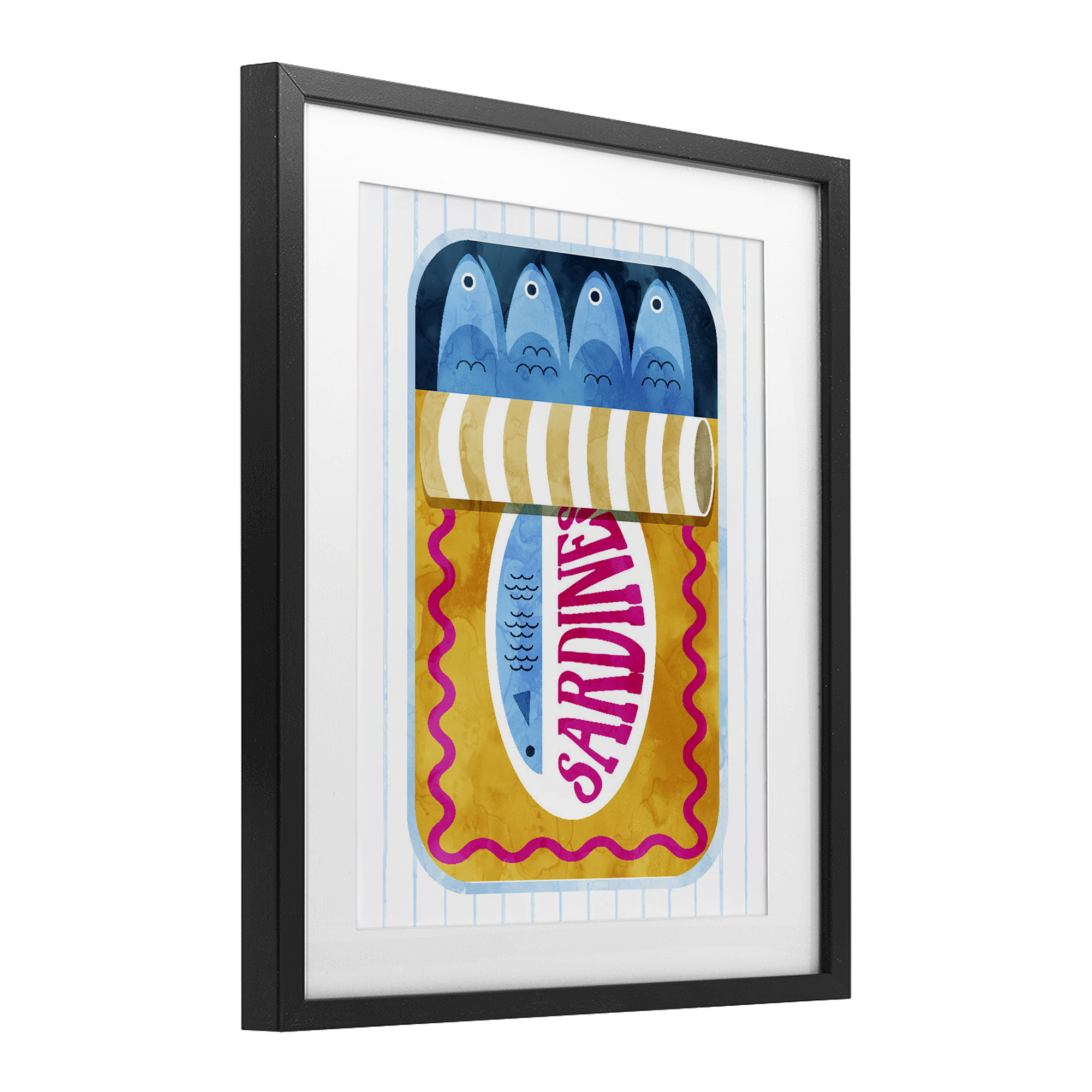 Yellow Sardine Tin over Stripes Black Framed Print Under Glass, design by Daphne Polselli