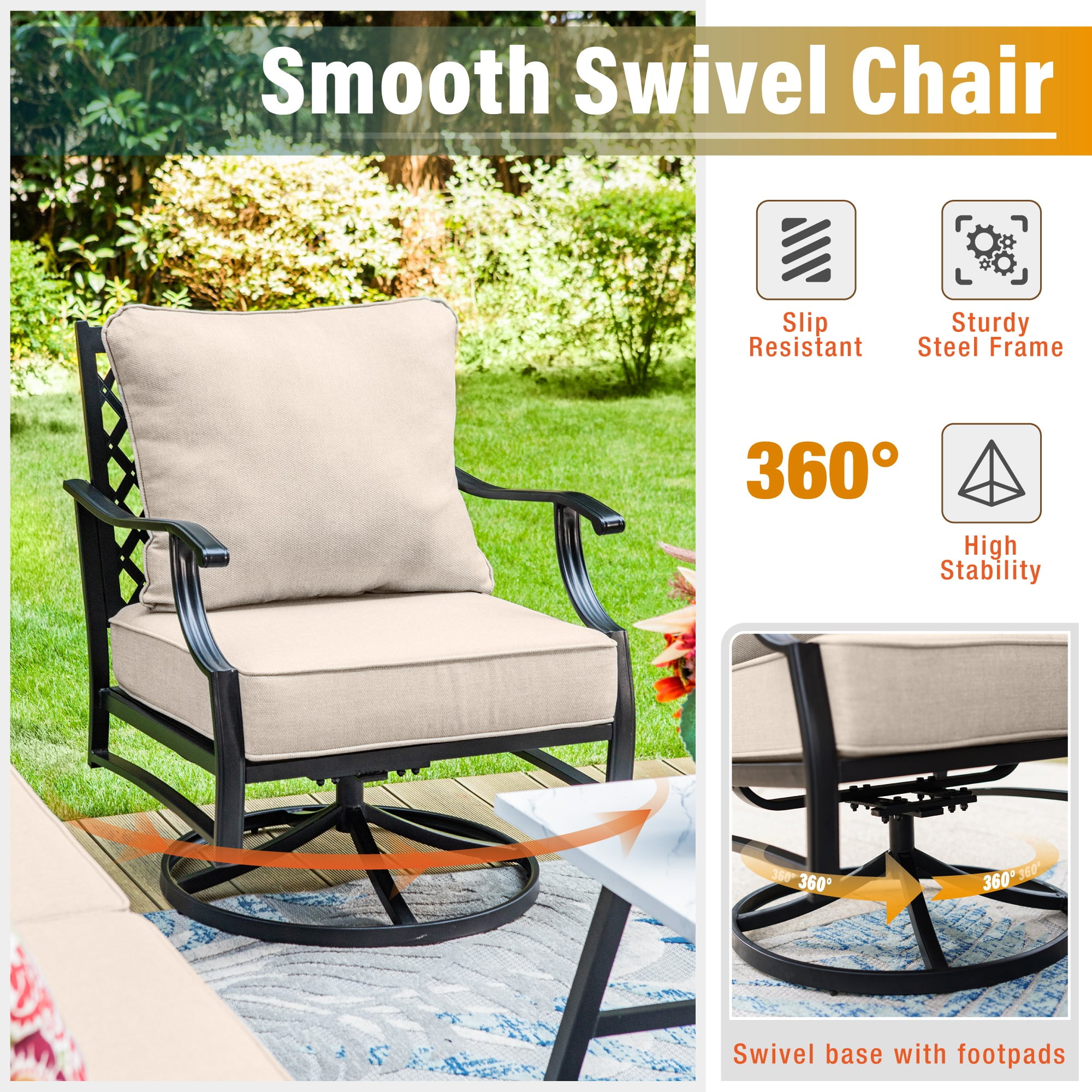 Sophia&William 6 Piece Patio Outdoor Furniture Sets Metal Conversation Set with Table and Swivel Chairs Outside Seating with 2 Ottomans, Beige