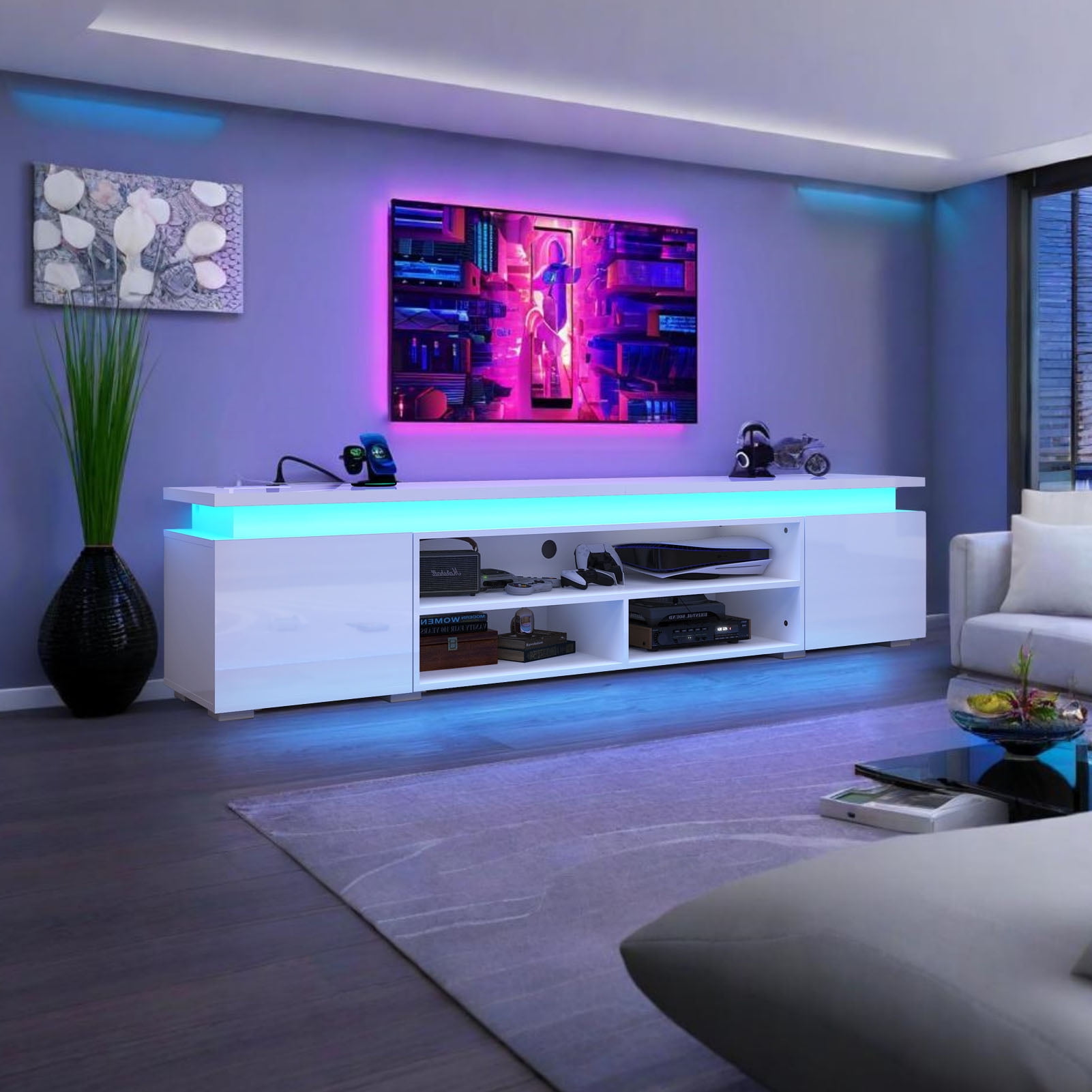 80" LED TV Stand with Power Outlet for up 90" TVs, Modern Large Entertainment Center Long Sounbar Media Console Table Stand for Living Room