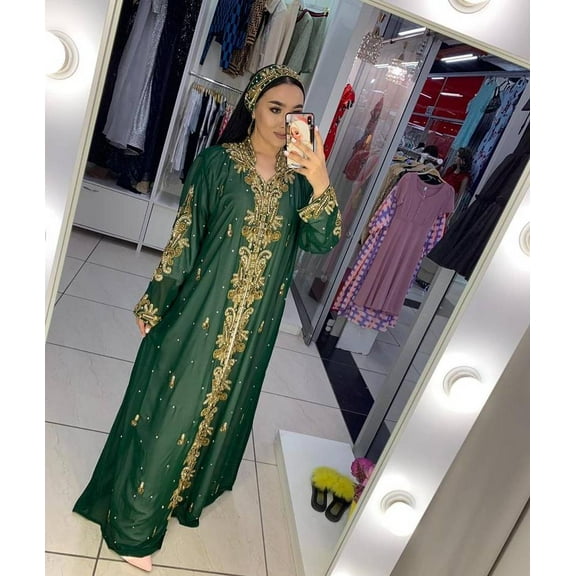 GREEN HANDCRAFTED ZARI WORK STITCHED GEORGETTE KAFTAN PARTY DRESS