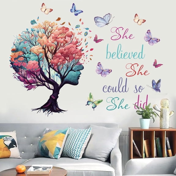 CCOCC Inspirational Quotes Wall Art - ’She Believed She Could So She Did’ Tree & Butterfly Decal Stickers for Women & Girls Bedroom & Living Room Decor