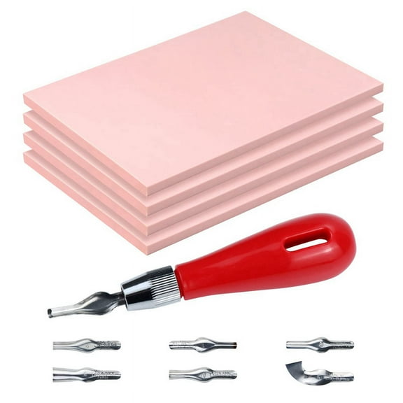4Pcs Rubber Block Stamp Carving Block Stamp with Cutter Tools for Printmaking, Printing and Stamp Soft Rubber Crafts