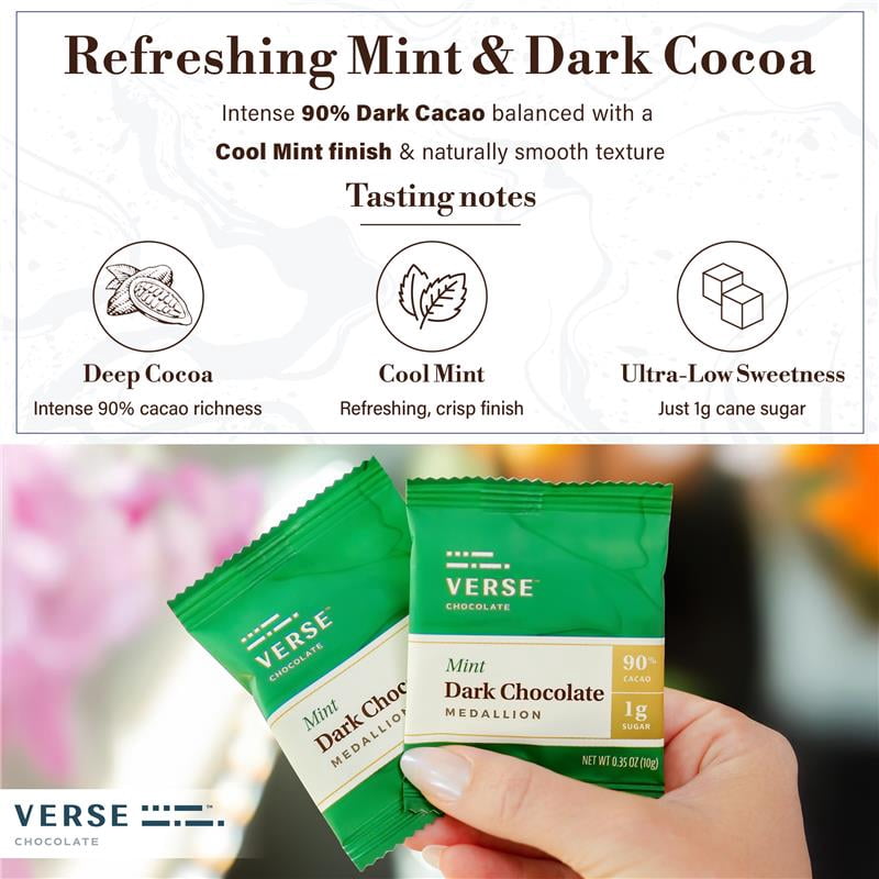 Verse 90% Dark Chocolate Mint Squares - Gluten Free, Keto Low Sugar Snack - Creamy Dark Cocoa - Only 1g Cane Sugar - Vegan Dark Fine Chocolates Squares - Individually Wrapped Chocolates (30 Count)