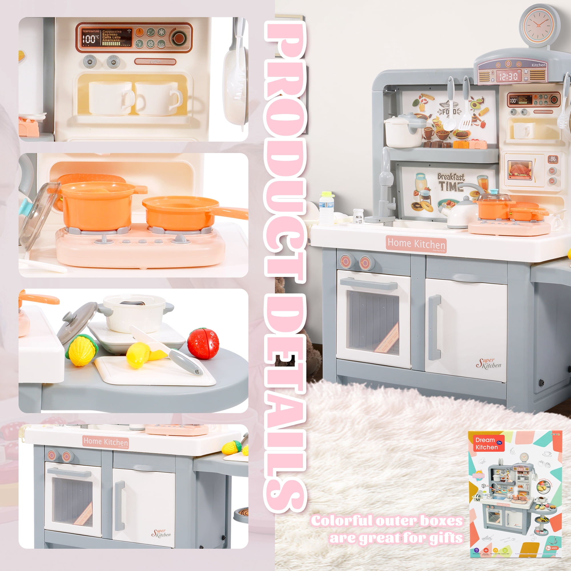 Signature Fitness 49-Piece Toddler Kitchen Playset，Pretend Food，with Stove, Sink, and Accessories, Interactive Lights & Sounds, Ideal for Ages 3+