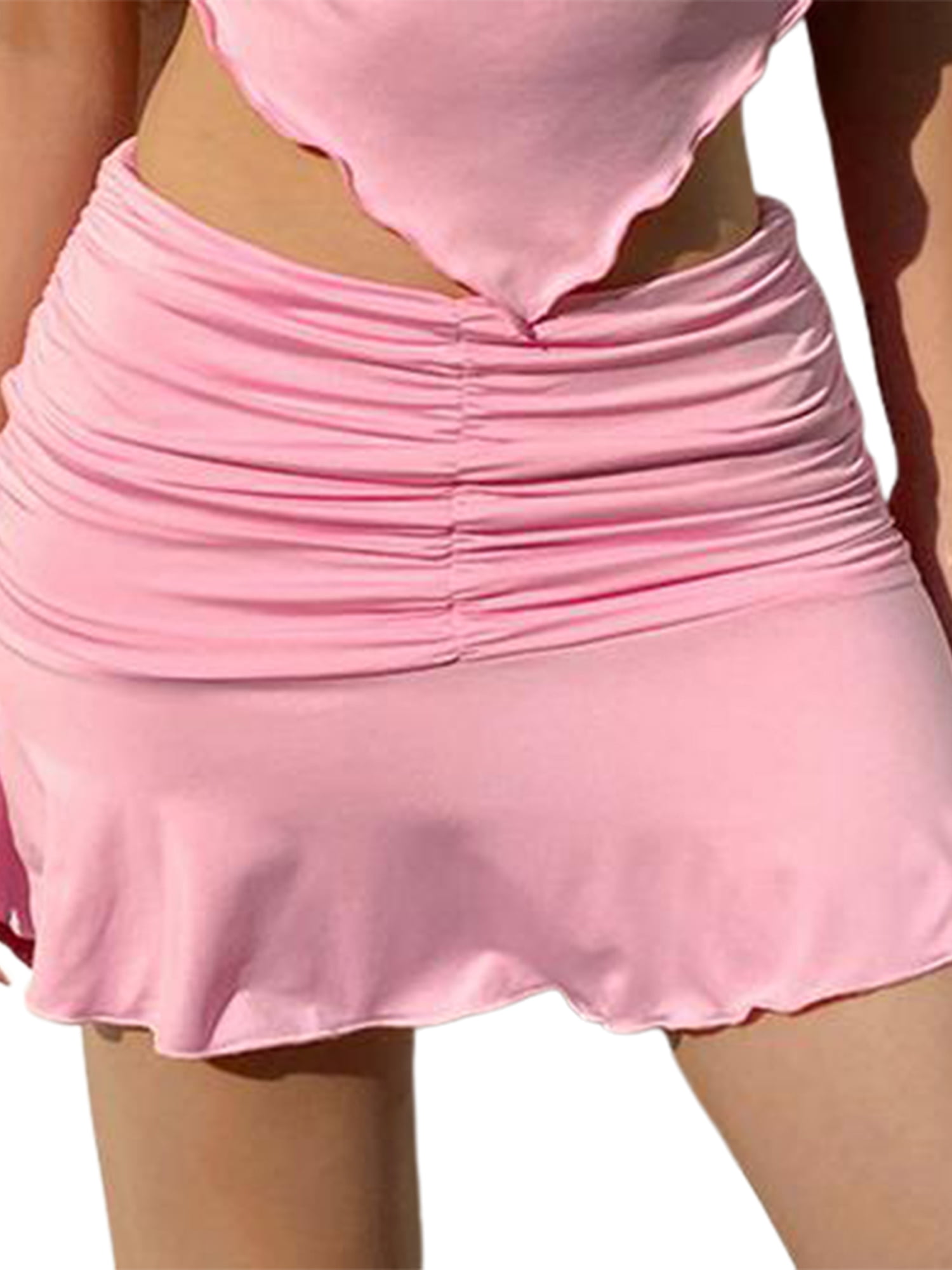 Women's Ruched Ruffle Mini Skirt Sleeveless Backless Halter Crop Cami Top Stretch Tennis Skirt Y2K Summer Sets