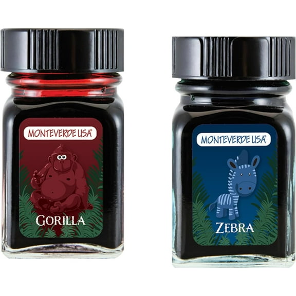 Monteverde 60ml Ink, Gorilla (Red), Zebra (Blue) Jungle Ink (G309GO, G309ZE) Fountain Pen Ink (30ml Each Ink Bottle, 2 Pack)