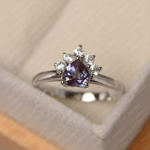 Alexandrite ring, white gold engagement ring, heart cut June birthstone ring