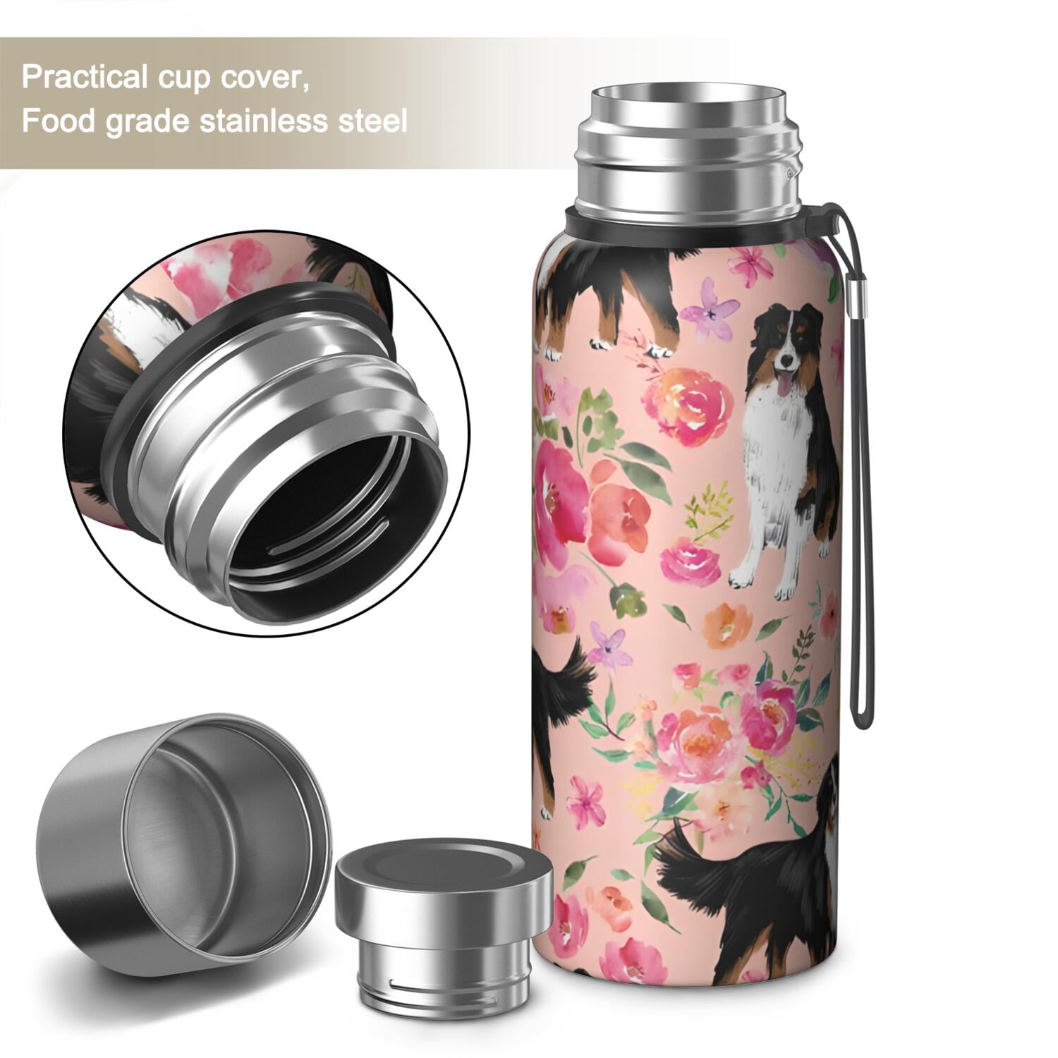 20 Oz Bernese Mountain Dogs with Flowers Coffee Tumbler Double Wall Insulated Stainless Steel Water Bottle | Metal Reusable Thermoses Flask with Cup Cap | Leak & Sweat Proof with Anti-Dust Lid