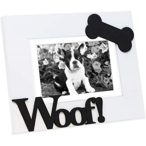 Isaac Jacobs White Wood Sentiments Dog Woof! Picture Frame, Photo Gift for Pet Dog, Puppy, Display on Tabletop, Desk White, 5x7 Matted 4x6