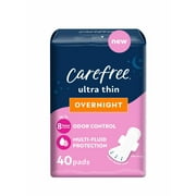 CAREFREE Ultra Thin Overnight Pads With Wings, 40 Count, Multi-Fluid Absorption, Protection For Up To 10 Hours