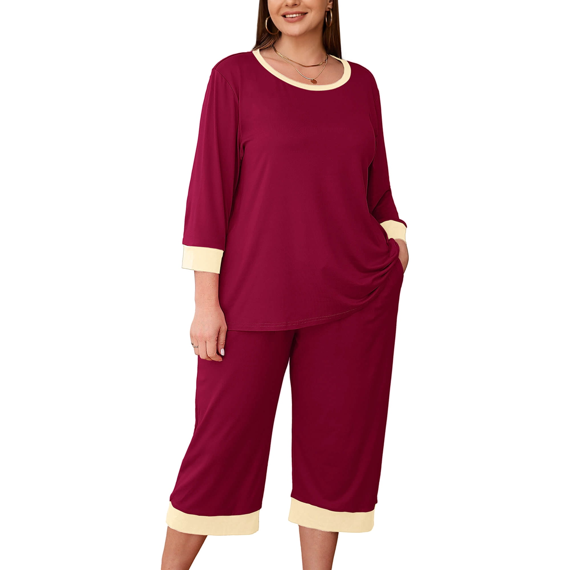 SHOWMALL Women Plus Size Pajamas Set 3/4 Sleeves Pjs Sleepwear Loungewear Nightwear with Pockets