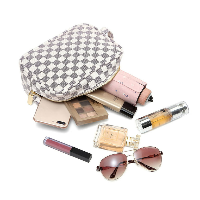Lumento Black Checkered Makeup Bag,Travel Storage Cosmetic Bag,PU Vegan  Leather Make Up Pouch,Portable Toiletry Organizer 