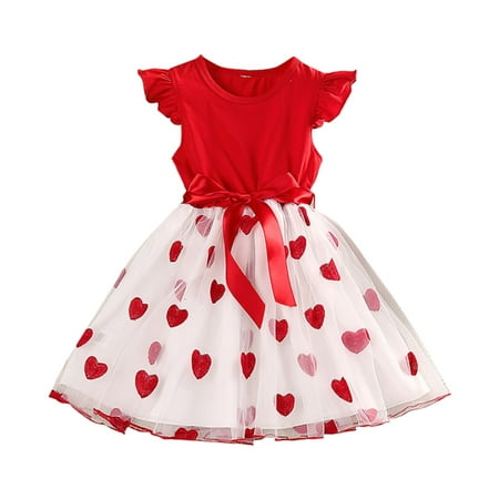 

Girls 3 To 7 Years Old Party Dress Heart Print Sleeveless Lace Mesh Princess Dress Kids Party Dresses