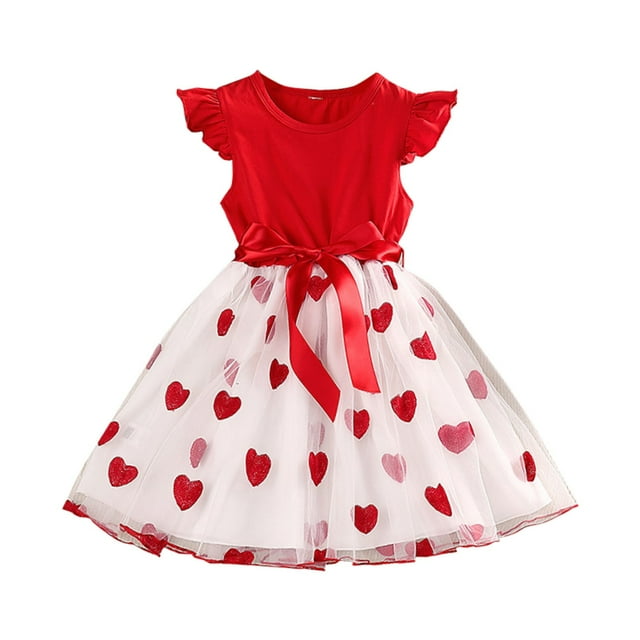 PMVFHDE Robe Tutu Fille à Volants Manches Bouffantes en Maille Robe de Princesse Robe de Fête, Rouge, 4-5 Ans