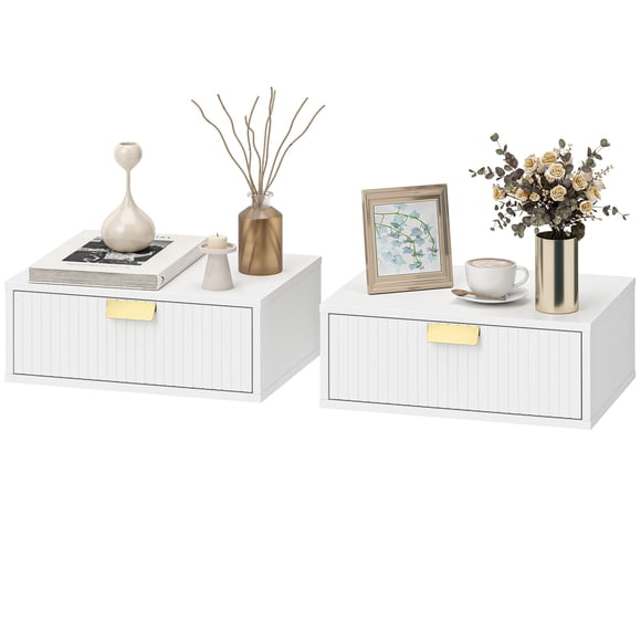 Modern Floating Nightstands Set of 2, White Wall Mounted Bedside Tables with Wave Drawer, MDF & Particleboard, 15.7"W x 11.8"D x 5.9"H, Versatile Bedroom or Living Room Storage