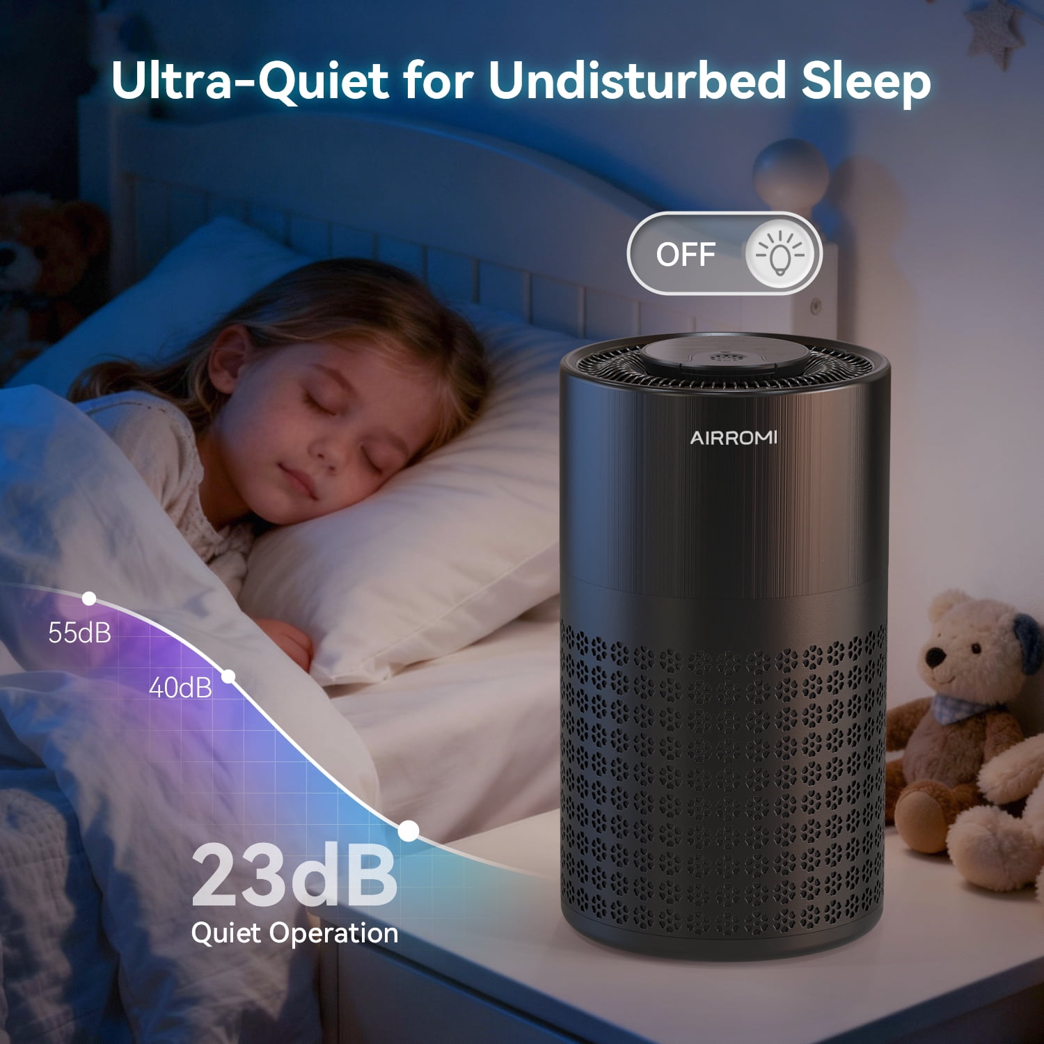 AIRROMI Air Purifier for Home Bedroom Covers 990 Ft² - Hepa 3-in-1 Filter, with Aromatherapy, Night Light & Timer, Remove Smoke, Pet Dander, Odor, Dust,A2001 Black