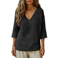 thumbnail image 4 of Linen Shirts for Women V Neck Cotton Linen 3/4 Sleeve Tops for Casual Dressy Summer Outfits 2026 Black M, 4 of 7