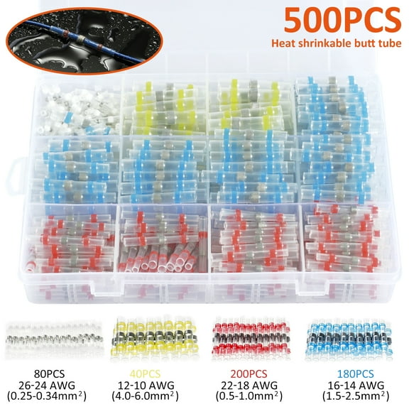 500Pcs Solder Seal Wire Connector Waterproof Heat Shrink Butt Connector Insulated Electrical Wire Terminal Solder Sleeve Solderstick Electric Butt Splice Kit for Marine Automotive