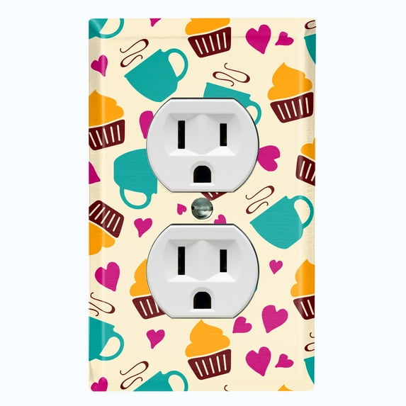 Metal Light Switch Wall Plate Outlet Cover (Coffee Espresso Mocha Cup Heart Cupcake Pattern Beige - Single Duplex)
