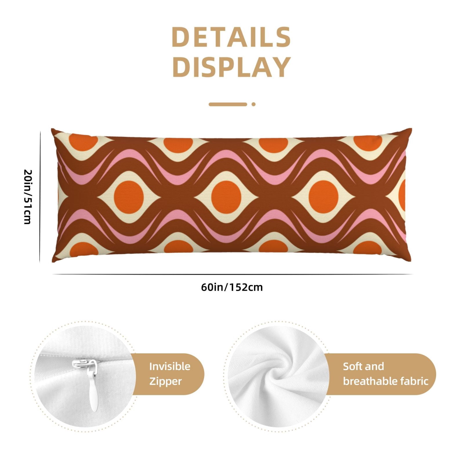 Naloa 70's Retro Super Soft 20x60 Body Pillow Case,Long Side Hidden Zipper（PILLOWS ARE NOT INCLUDED）