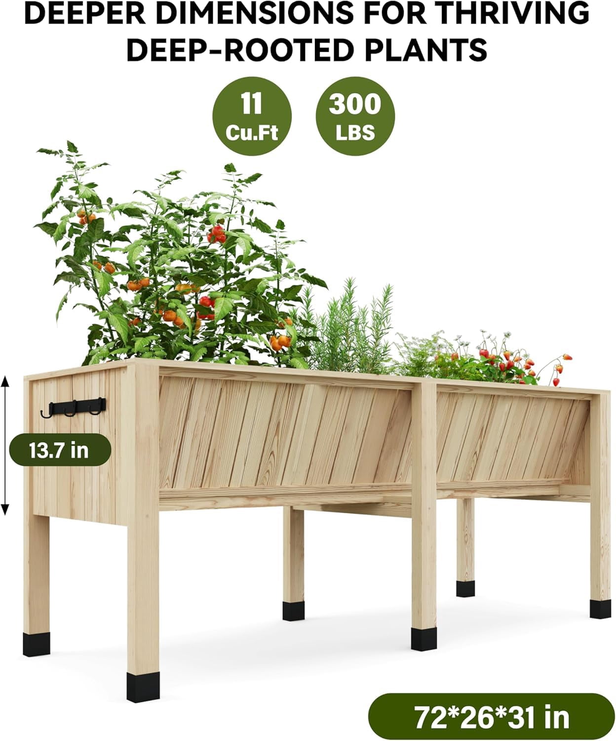 Garvee 72"x26"x31" Elevated Wooden Raised Garden Bed with Storage Hooks for Vegetables,Flowers,Beige