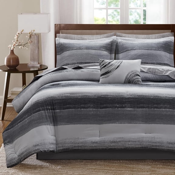 Madison Park Queen Size 9 Piece Comforter Set with Cotton Bed Sheets Black,Bed in a Bag,All Season Bed Set,Cozy and Lightweight