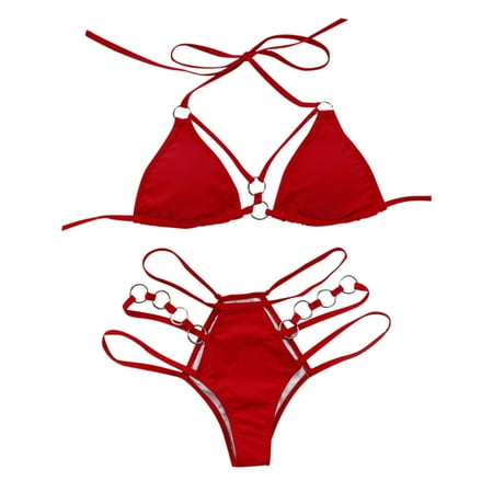 Womens High Cut Thong Bikini Set Swimsuits Cami String Sexy Bathing Suit Ladies Fashion Solid Color Print Split Bikini Minimalistic Sexy Circle Decoration Laceing Sling Women s Swimsuit Red S