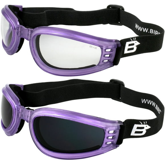 2 Pairs of Birdz Eyewear Cardinal Women's Purple Padded Motorcycle Goggles Super Dark & Clear Lenses