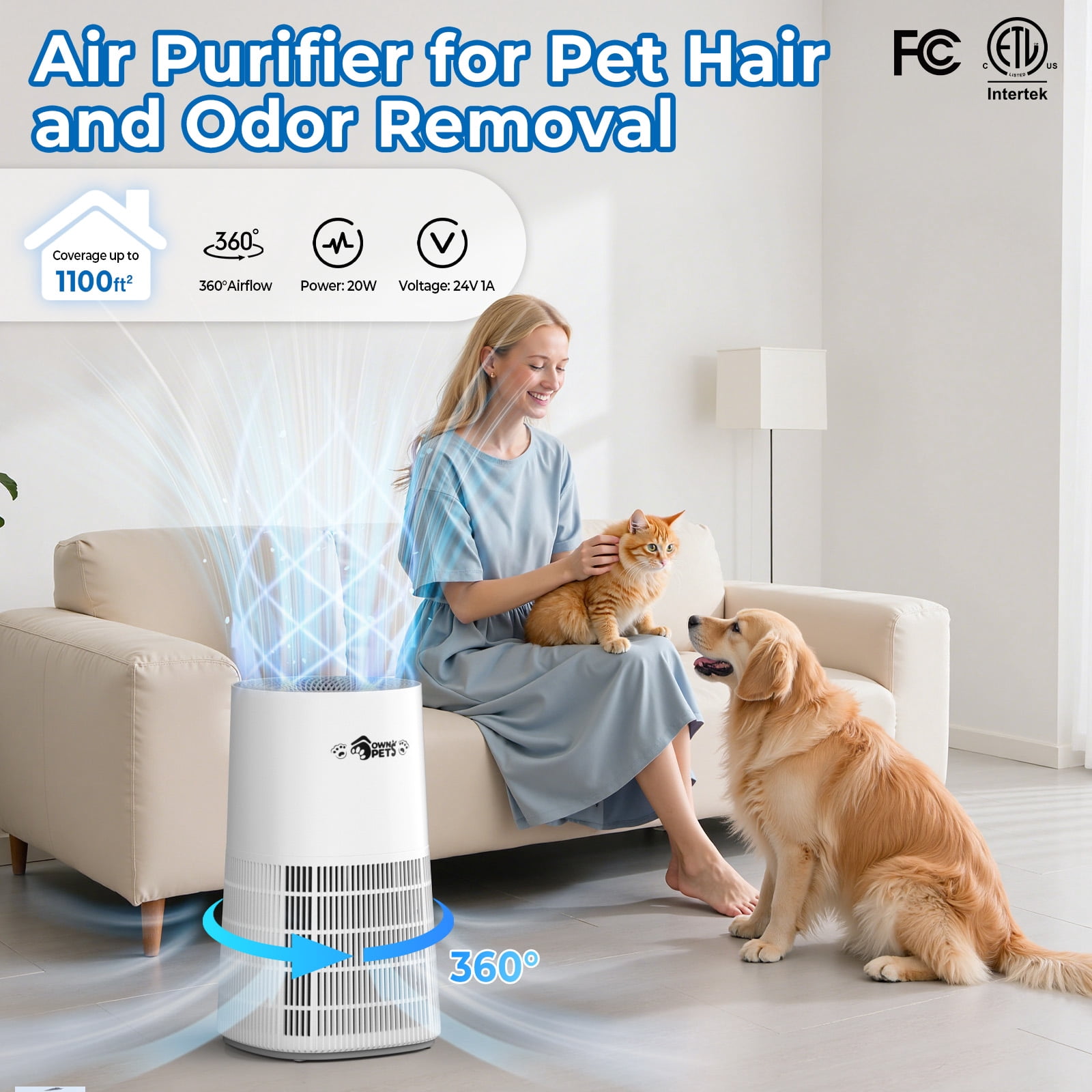 Ownpets Pet Air Purifier for Large Room up to 2620 ft², H13 HEPA Washable Filter for Pet Odor Hair Dander Pollen, Quiet Air Cleaner with Air Quality Monitor