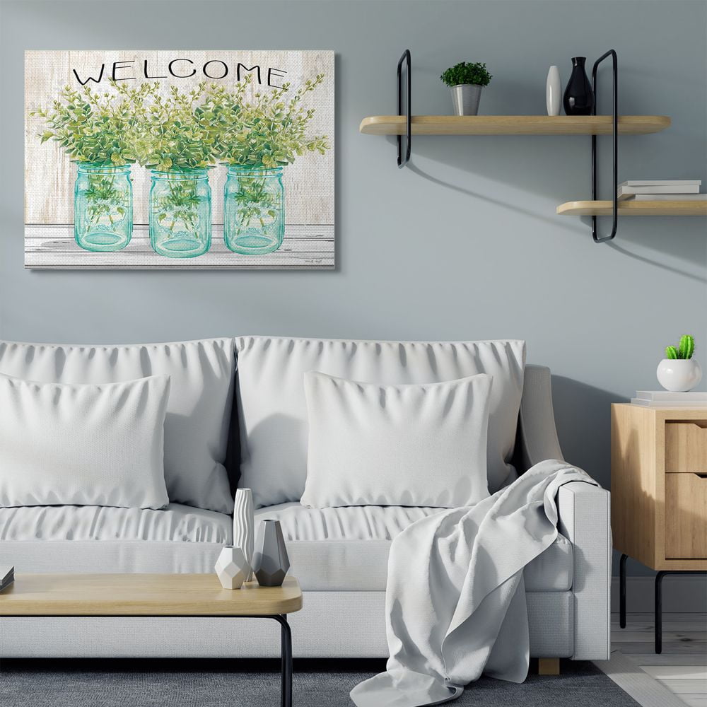 Stupell Industries Country Welcome Sign Greenery Bouquets Blue Jars Canvas Wall Art Design by Cindy Jacobs, 36" x 48"