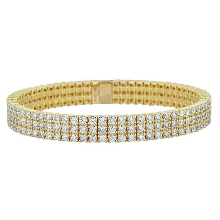 3 Link Round Bracelet Mens Ladies 14K Yellow Gold Finish Round Cut Simulated Diamonds 3 Row Tennis Link Bracelet 7.5 Inch ()