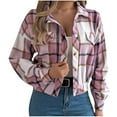 thumbnail image 3 of Women's Plaid Jacket Pink Winter Leisure Fake Pocket Long Sleeve Woolen Jacket S, 3 of 8