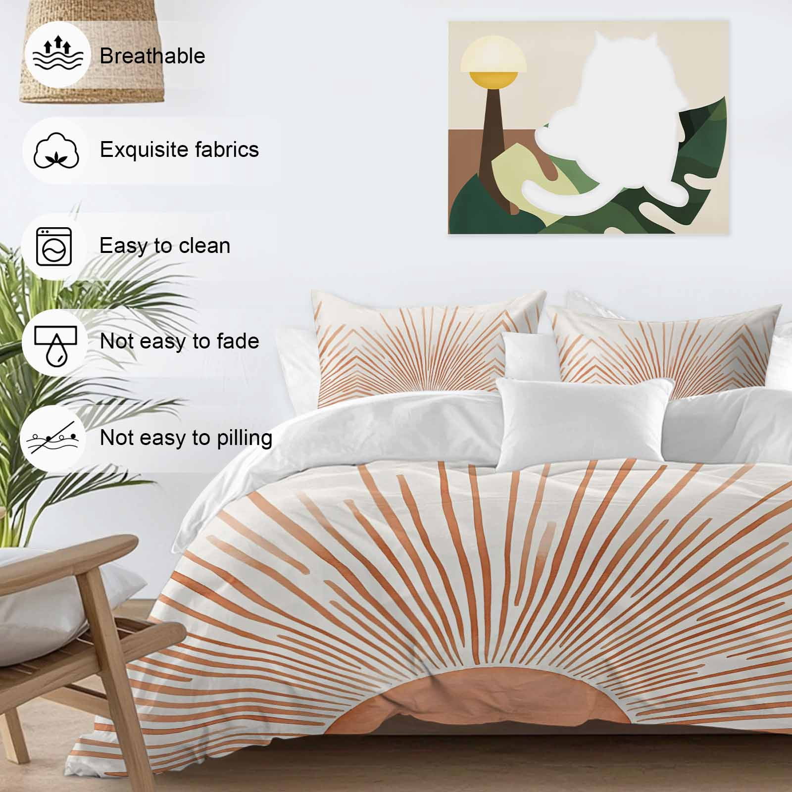 Boho Abstract Sun Bedding 3 Piece Duvet Cover Set Queen Size, Modern Beige Sun Light Lines Soft Microfiber Comforter Cover with Zipper Closure & Pillowcases, Wrinkle & FadeResistant Quilt Cover