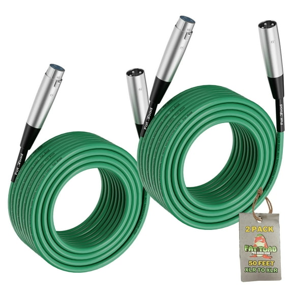 XLR Microphone Cables (2 Pack) by Fat Toad 50ft Pro Audio Green Mic Cord Patch Extension & Male to Female Lo-Z Connector 24 AWG Shielded Wire & Balanced for Speakers, Recording Studio Mixer Gear